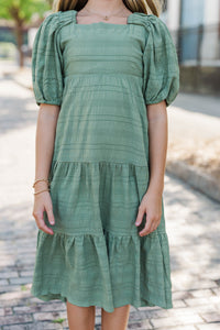Girls: Autumn Muse Olive Textured Midi Dress