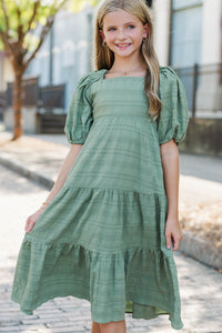 Girls: Autumn Muse Olive Textured Midi Dress