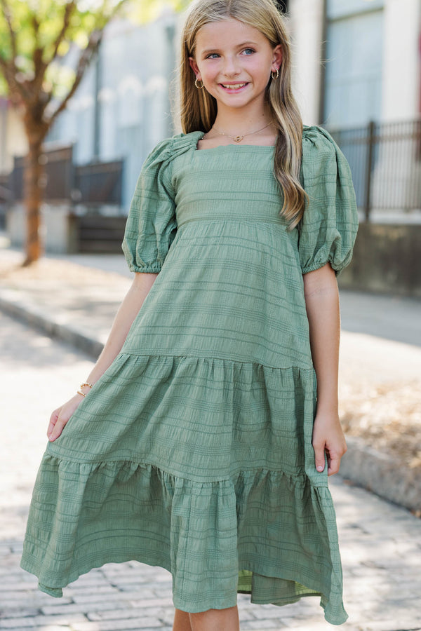 Girls: Autumn Muse Olive Textured Midi Dress
