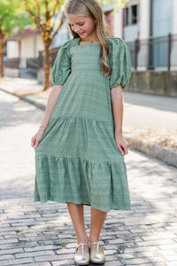 Girls: Autumn Muse Olive Textured Midi Dress