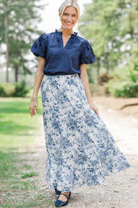Gathered Together Navy Toile Maxi Skirt