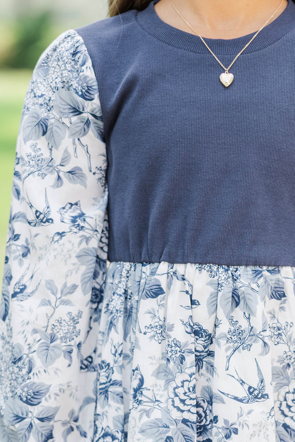 Girls: Gathered Together Navy Toile Dress