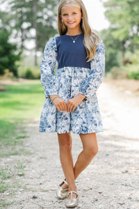 Girls: Gathered Together Navy Toile Dress