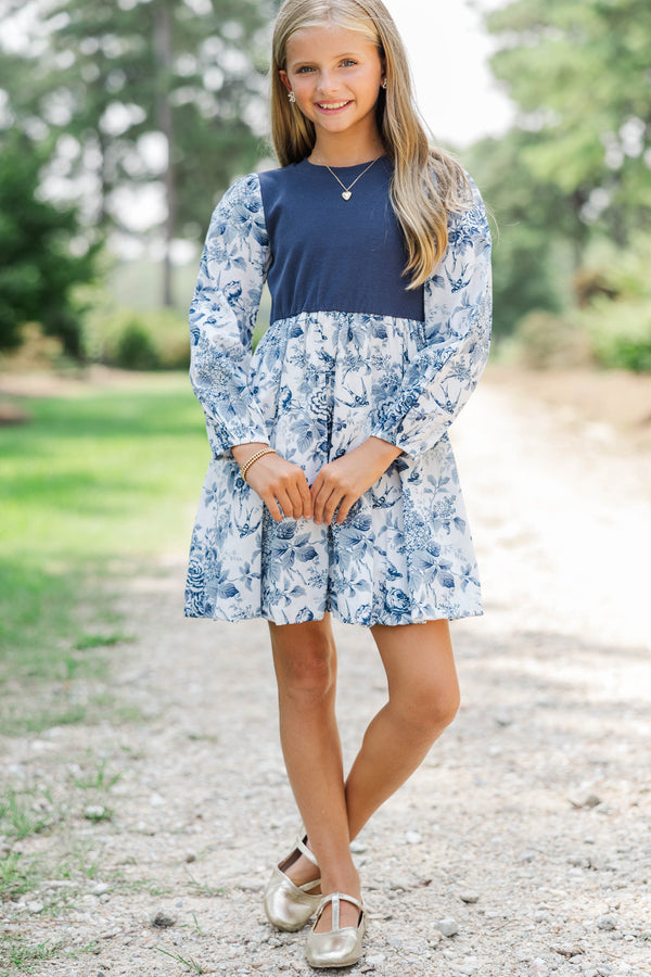 Girls: Gathered Together Navy Toile Dress