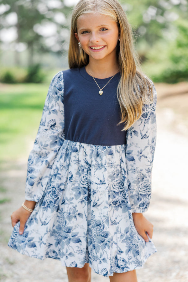 Girls: Gathered Together Navy Toile Dress