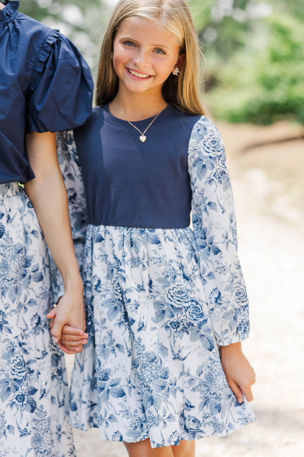 Girls: Gathered Together Navy Toile Dress