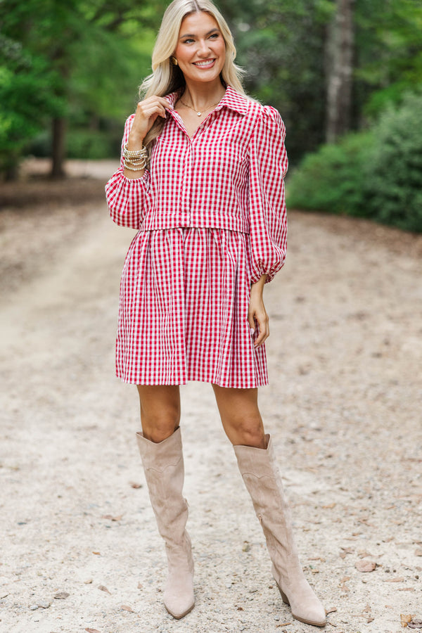 September Song Burgundy Gingham Shirt Dress