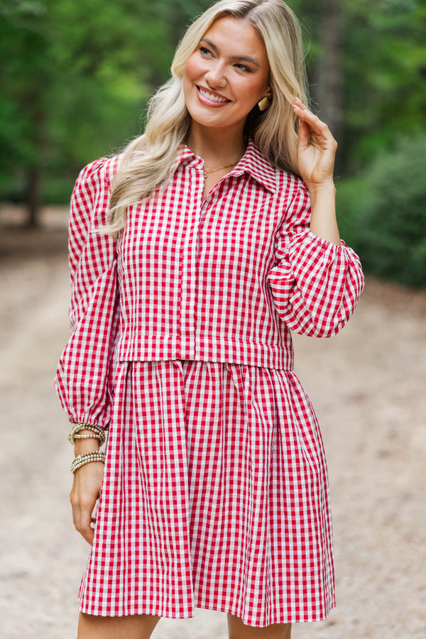 September Song Burgundy Gingham Shirt Dress