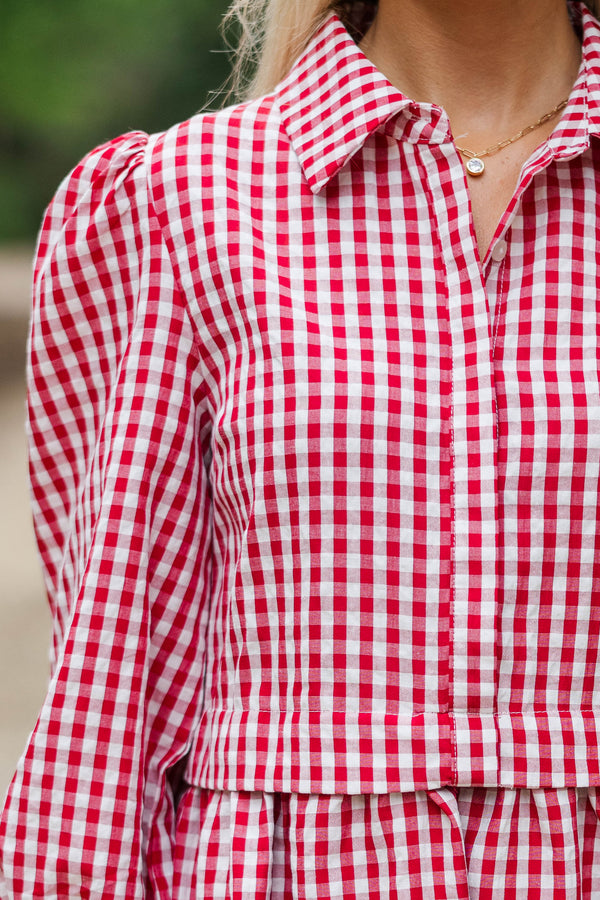 September Song Burgundy Gingham Shirt Dress