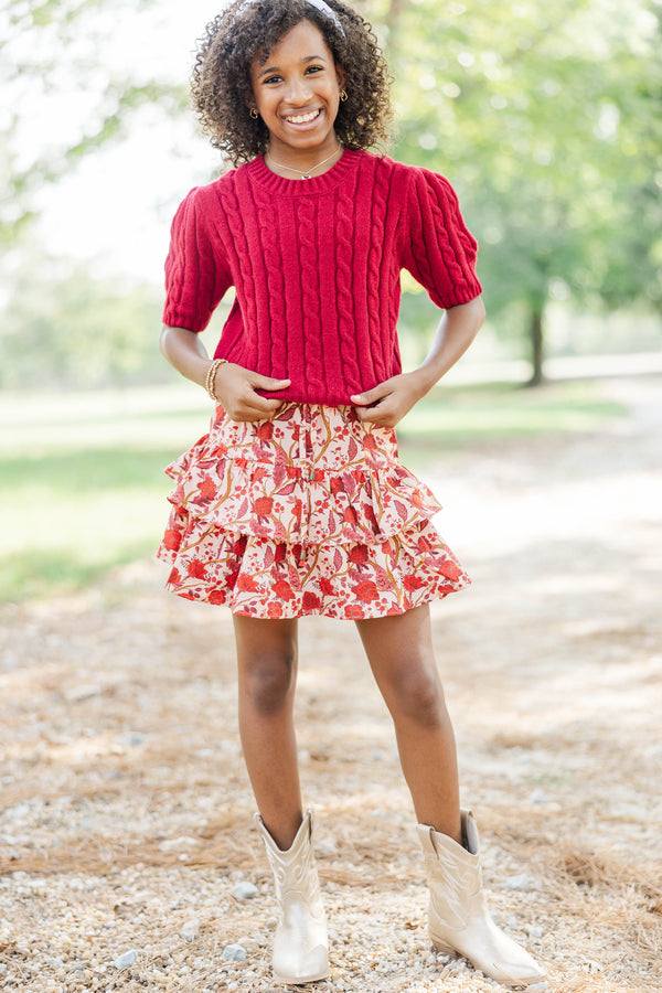 Girls: September Song Burgundy Cable Knit Sweater