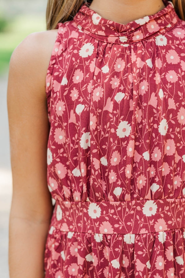 Girls: Fresh Focus Burgundy Floral Midi Dress