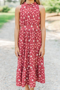 Girls: Fresh Focus Burgundy Floral Midi Dress