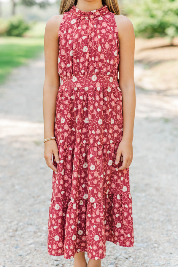 Girls: Fresh Focus Burgundy Floral Midi Dress