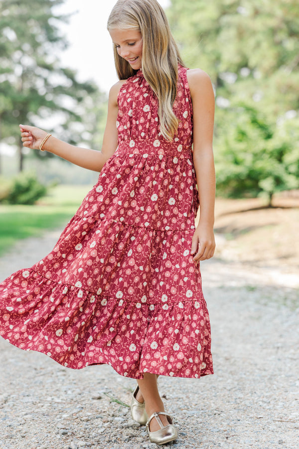 Girls: Fresh Focus Burgundy Floral Midi Dress