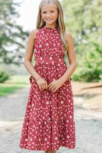 Girls: Fresh Focus Burgundy Floral Midi Dress