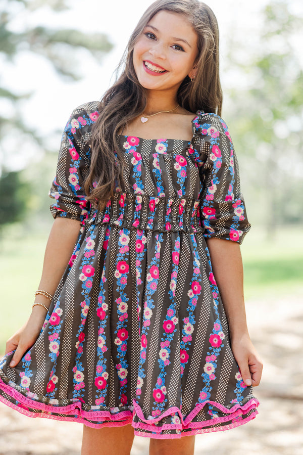Girls: The Brighton Brown Floral Ruffle Dress