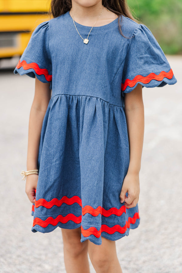 Girls: Time Goes By Blue Contrast Striped Scalloped Dress