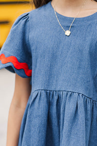 Girls: Time Goes By Blue Contrast Striped Scalloped Dress