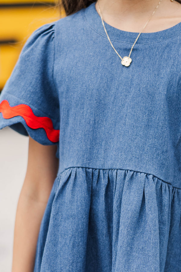 Girls: Time Goes By Blue Contrast Striped Scalloped Dress