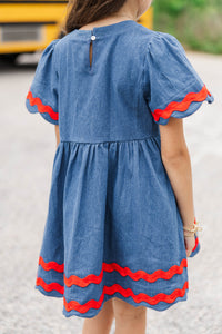 Girls: Time Goes By Blue Contrast Striped Scalloped Dress