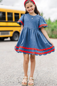 Girls: Time Goes By Blue Contrast Striped Scalloped Dress