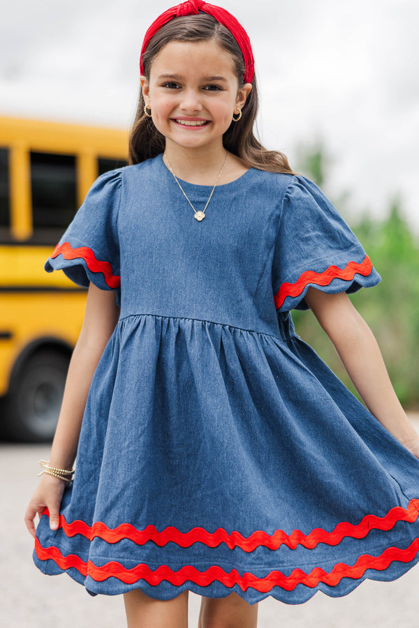 Girls: Time Goes By Blue Contrast Striped Scalloped Dress