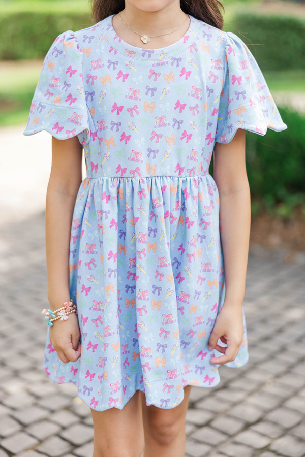Girls: Time Goes By Light Blue Bows And Books Pima Cotton Scalloped Dress