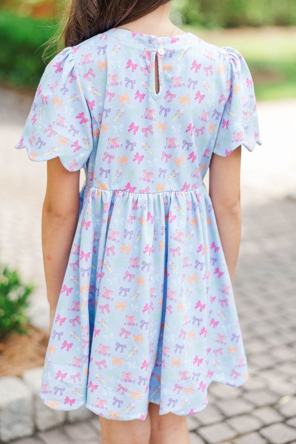 Girls: Time Goes By Light Blue Bows And Books Pima Cotton Scalloped Dress