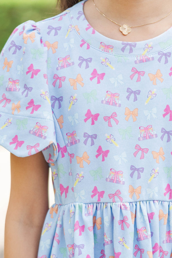 Girls: Time Goes By Light Blue Bows And Books Pima Cotton Scalloped Dress