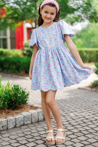 Girls: Time Goes By Light Blue Bows And Books Pima Cotton Scalloped Dress