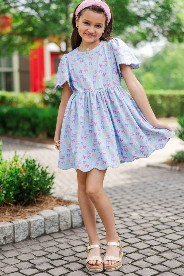 Girls: Time Goes By Light Blue Bows And Books Pima Cotton Scalloped Dress
