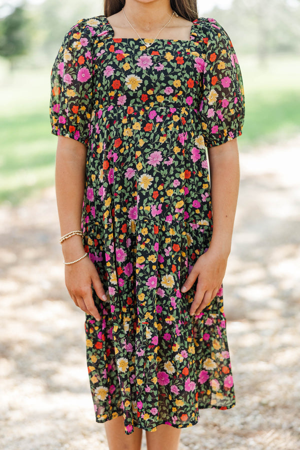 Girls: Think About It Black Floral Midi Dress