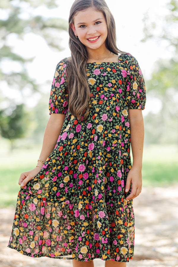 Girls: Think About It Black Floral Midi Dress