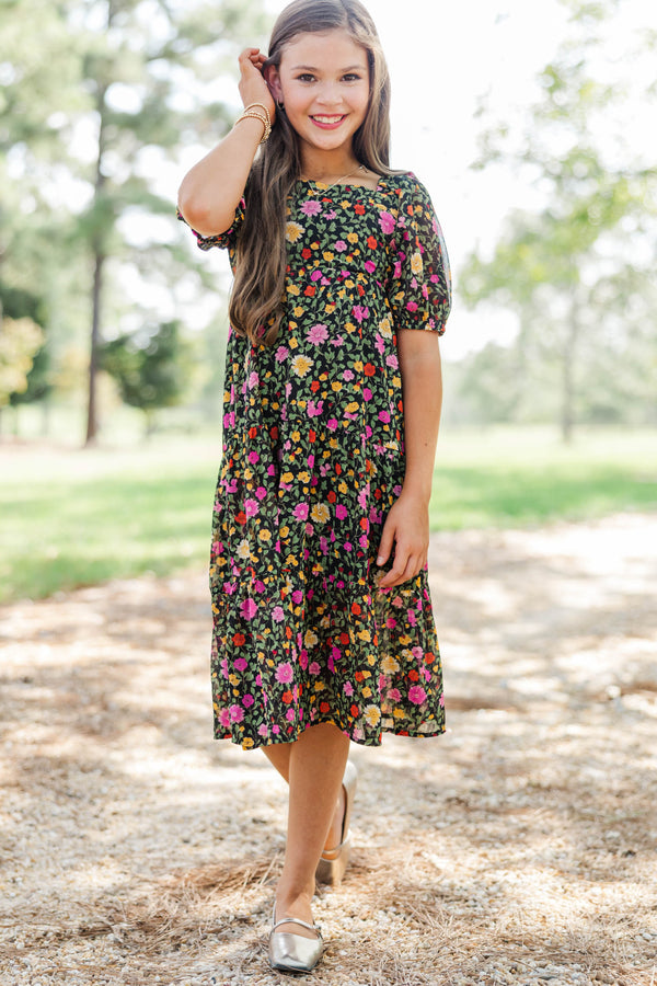 Girls: Think About It Black Floral Midi Dress