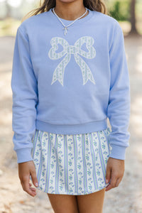Girls: With The Cutest Light Blue Bow Patchwork Sweatshirt