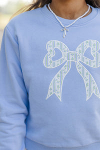 Girls: With The Cutest Light Blue Bow Patchwork Sweatshirt