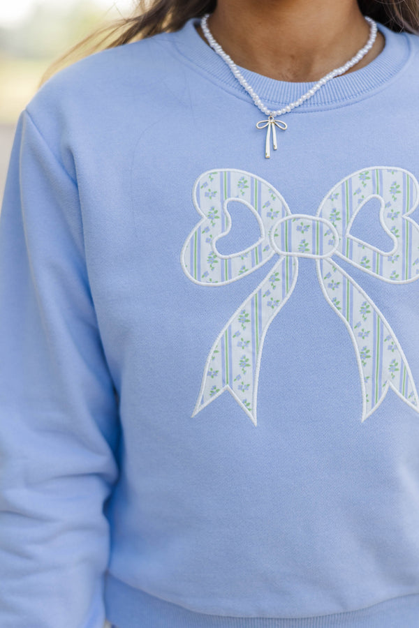 Girls: With The Cutest Light Blue Bow Patchwork Sweatshirt