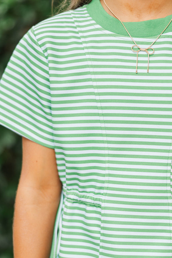 Girls: Soft & Simple Green Striped Tie Waist Shirt Dress