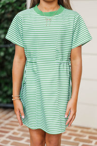 Girls: Soft & Simple Green Striped Tie Waist Shirt Dress