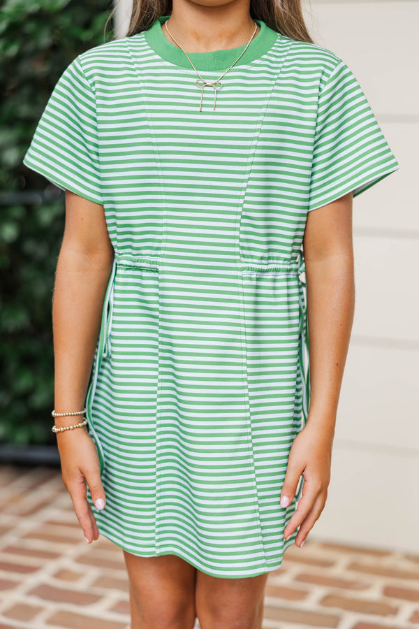 Girls: Soft & Simple Green Striped Tie Waist Shirt Dress