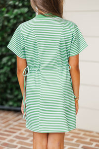 Girls: Soft & Simple Green Striped Tie Waist Shirt Dress