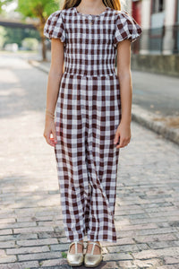 Girls: Can't Let Go Brown Gingham Jumpsuit