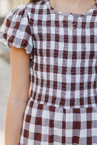 Girls: Can't Let Go Brown Gingham Jumpsuit
