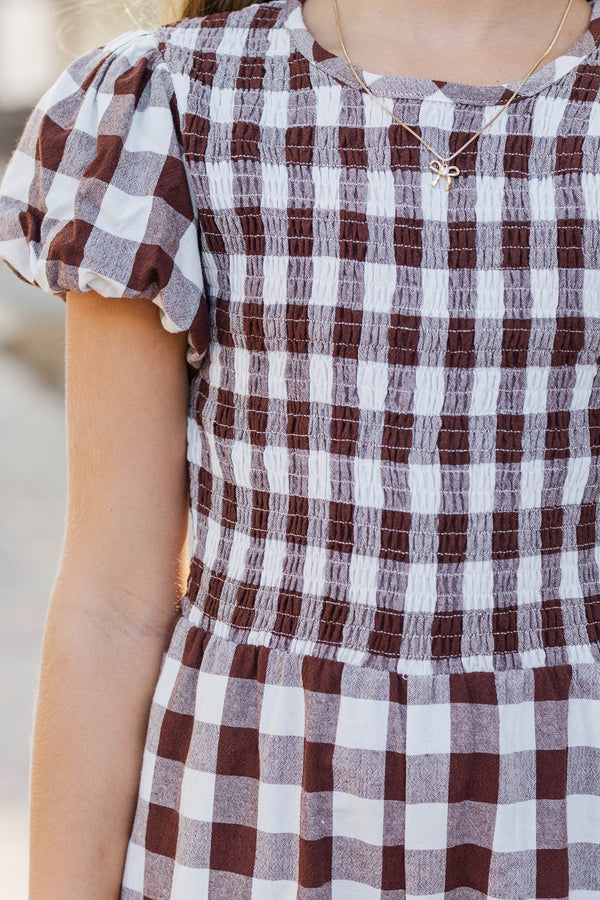 Girls: Can't Let Go Brown Gingham Jumpsuit