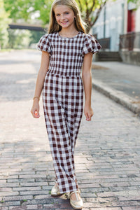 Girls: Can't Let Go Brown Gingham Jumpsuit