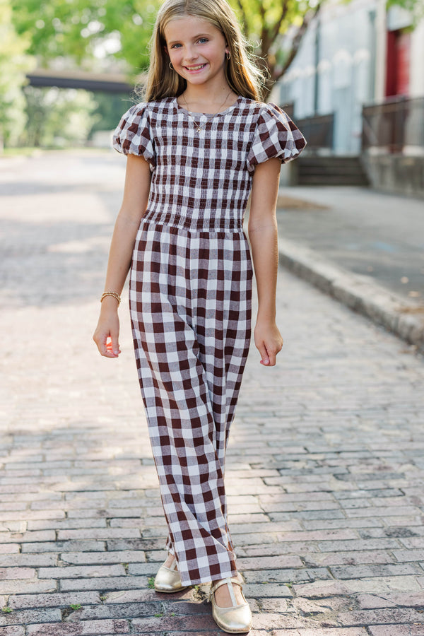 Girls: Can't Let Go Brown Gingham Jumpsuit