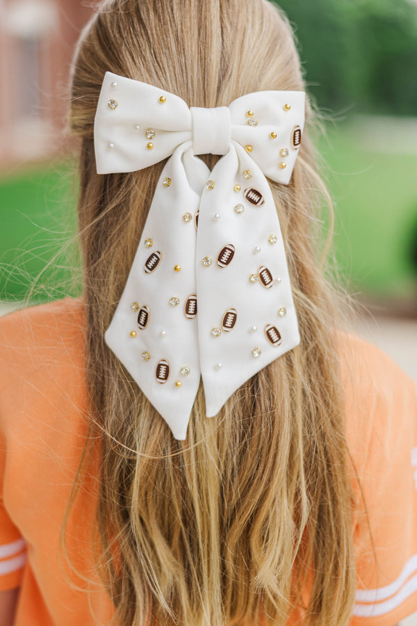Girls: First Pick White Football Hair Bow