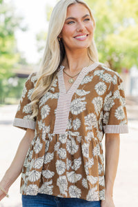 Living Lovely Camel Brown Floral Blouse