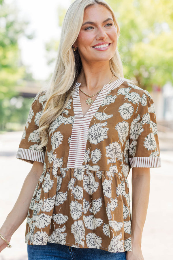 Living Lovely Camel Brown Floral Blouse