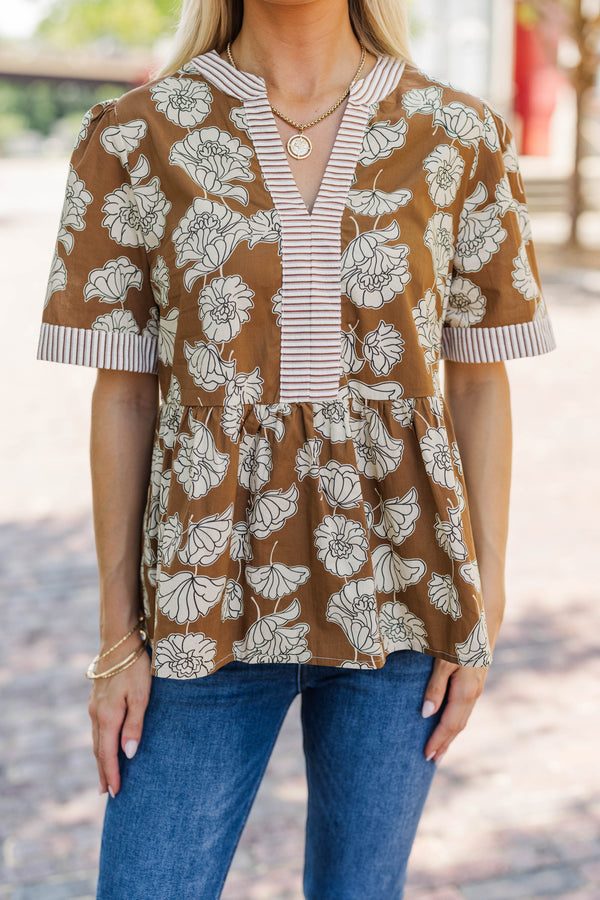 Living Lovely Camel Brown Floral Blouse